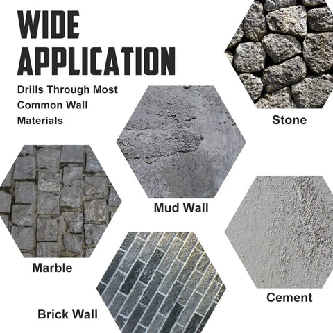 Image showing wide application of Carbide-Tipped SDS-Plus Rotary Hammer Drill Bit Set YOUGFIN 17 Pieces on stone, brick, marble, cement, and mud walls.