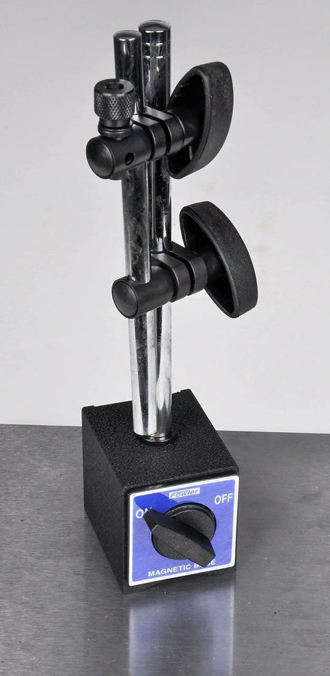 Reliable Magnetic Base Dial Indicator Holder For Milling Machines And Lathes, 2 Inch By 2 11 32 Inch By 1 13 16 Inch Base, Fits All AGD Dial Indicators With Quarter Inch Post, Magnetic V Base Will Not Mar Polished Surfaces, Easy Release Switch Fowler