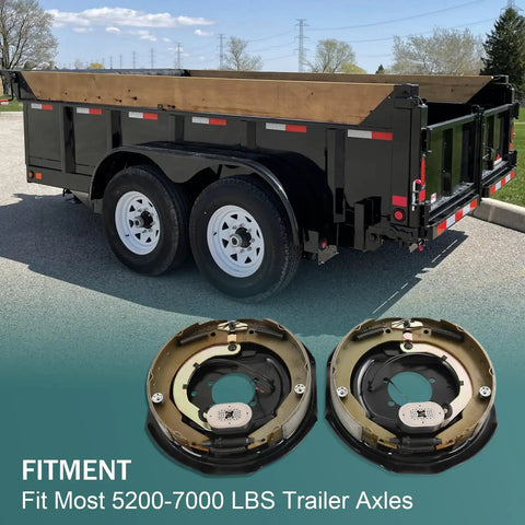 Side view of a black dual-axle trailer with two 12x2 inch electric trailer brake assemblies; close-up of the assemblies.