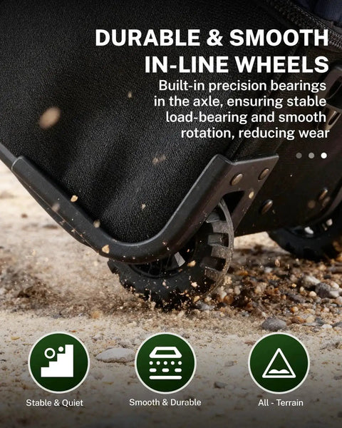Close-up of a Rugged Rolling Duffle Bag With Wheels For Travelers, showing its durable in-line wheels on rough terrain.