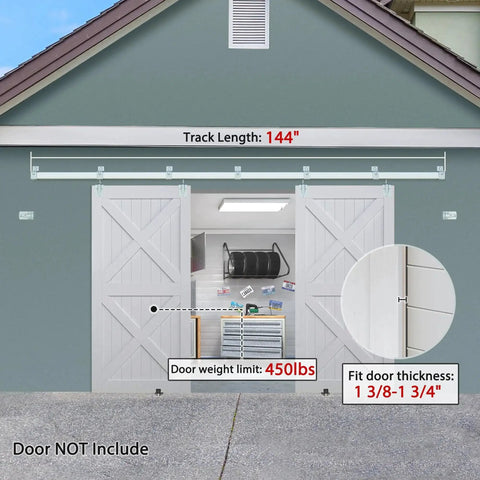 Exterior Sliding Barn Door Hardware Kit For 12 Ft Double Doors, Heavy Duty Track Kit, Wall Mount, Silver Finish shown installed