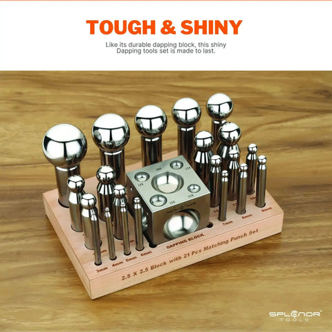 Steel Dapping Block And Punch Set For Jewelry Making And Metal Forming Doming Tools with 2.5 inch block and 21 punches on stand