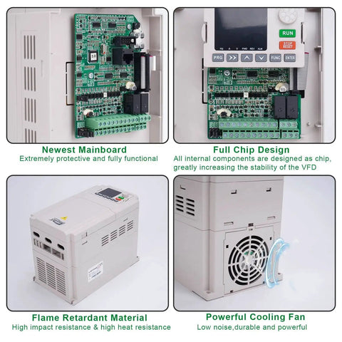 220V 20HP VFD Inverter for Single Phase to Three Phase Motors with mainboard, chip design, and cooling fan details