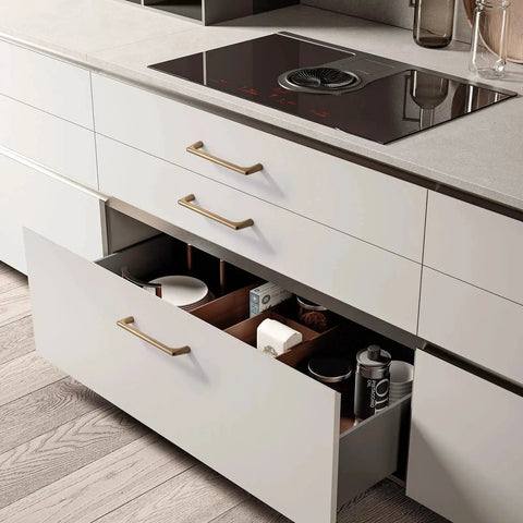 Modern kitchen with Champagne Bronze Cabinet Pulls 5 Inch 128mm 10 Pack Cupboard Handles installed on white drawers