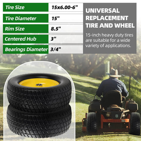 Two Pack Flat Free Front Tire And Wheel Set For John Deere Riding Mowers 15 By 6 Front Tires With Three Inch Centered Hub