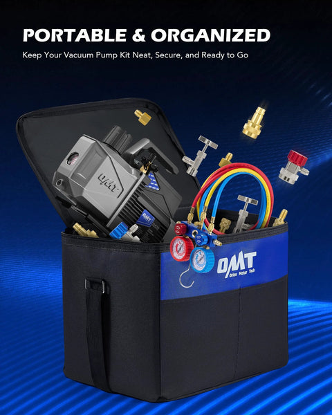 Orion Motor Tech A2L AC vacuum pump and 3-way gauge set with hoses in a black carrying case.