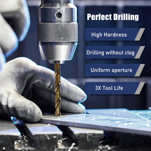 Close-up of a drill using a 13 Piece Cobalt Drill Bits Set M35 HSS With 135 Degree Tips For Hardened Metal Stainless Steel Cast Iron