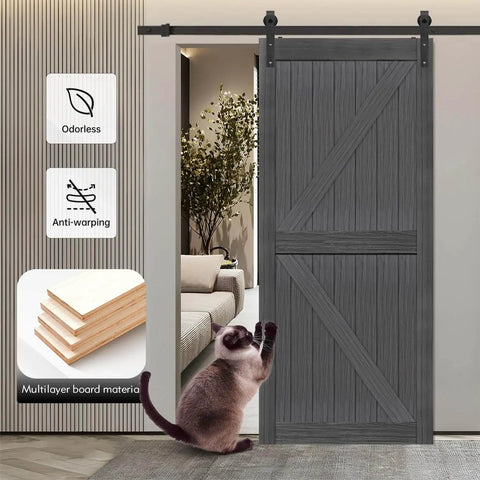 Deep Gray MDF Barn Door With British Brace Knotty Style, 48 By 84 Inches, shown in a modern interior with sliding hardware kit.