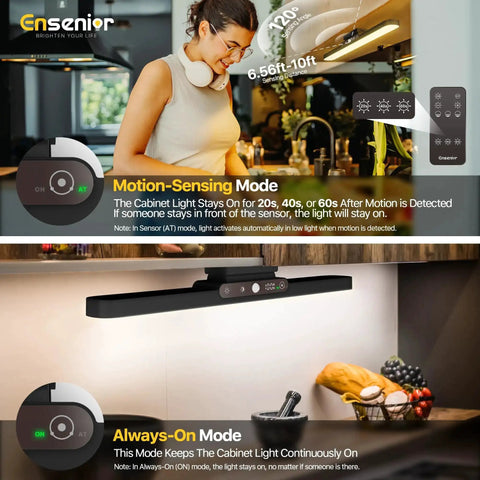 Rechargeable Motion Sensor Light Bar With 2000mAh Battery Dimmable Wireless Under Cabinet Lighting shown installed in kitchen