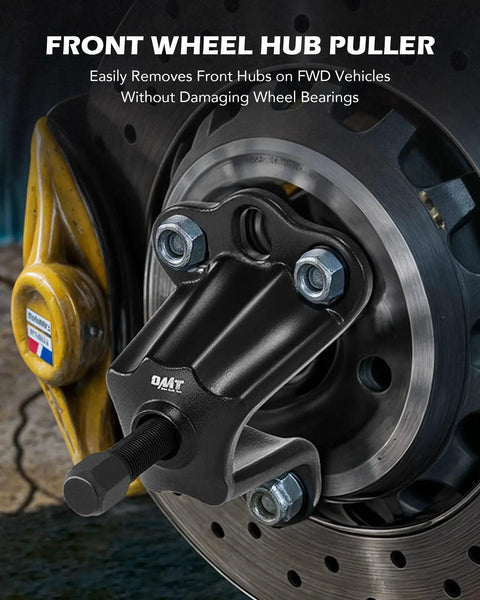 Front Wheel Hub Puller Flange Type Tool installed on FWD hub, showcasing 5/8 x 18 threads forcing bolt for 3-3/4 to 4-1/2 inch hub IDs