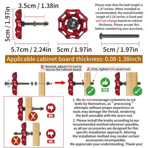 4 Pack Vintage Iron Valve Cabinet Knobs And Pulls With Drill Bit installation guide, showing red industrial style knobs and hardware.