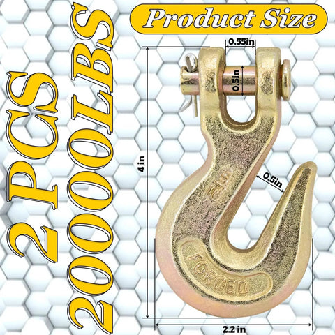 Close-up of Five Sixteenth Inch Clevis Grab Hooks Heavy Duty Chain Hooks with dimensions and 20000 lbs capacity label.