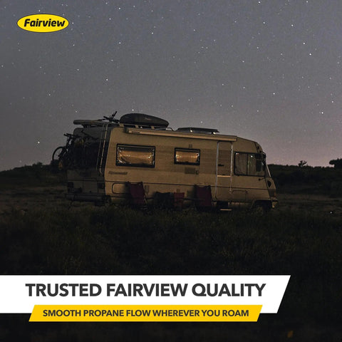 Night view of an RV outdoors, highlighting Fairview's Beefy Compact First Stage Propane Regulator With Female POL Inlet And One Half Inch NPT Outlet.