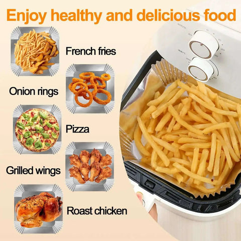 Heavy Duty Aluminum Foil Air Fryer Liners Pack Of 100 Pcs, 6.3 Inch Square, showcasing fries cooking in air fryer