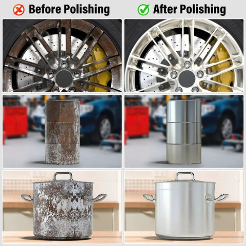 Comparison of metal surfaces before and after using Pro Grade 8 Inch Buffing Wheel Polishing Kit For Four Point Five Inch Angle Grinder With Nine Pieces Includes Four Wheels And Five Aluminum Compound Bars Five Eighth Inch Arbor Car Metal And Paint Finishing For A Mirror Finish.