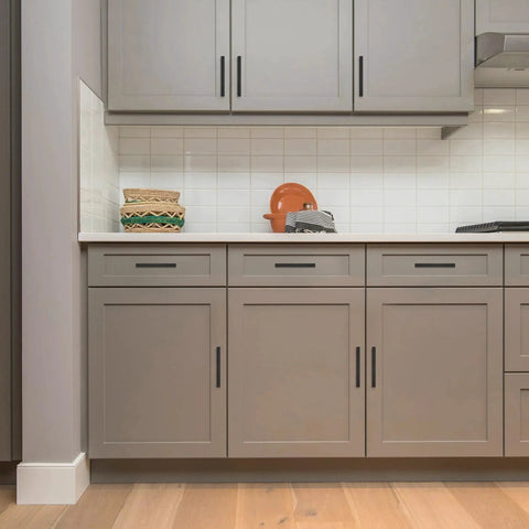 10 Pack 5 Inch Square Cabinet Handles Matte Black Drawer Pulls installed on modern kitchen cabinets