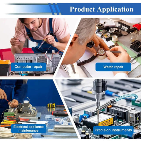 Collage showing plumbing, watch repair, electrical appliance maintenance, and precision instrument use for 1080 Piece Tiny Micro Repair Screw Kit