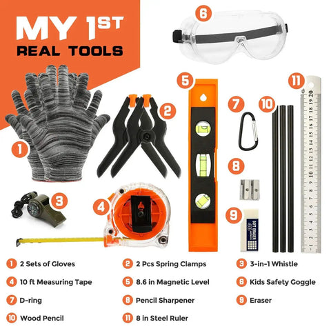 18 Piece Kid Friendly Tool Set With Reinforced Belt And Adjustable Waist 20 To 32 Inches Real Hand Tools Kit For Home DIY Building And Woodworking Includes Hammer Screwdrivers Pliers Magnetic Level Ruler Tape Measure Pencils And Eraser layout with gloves, goggles, tape measure, and tools.