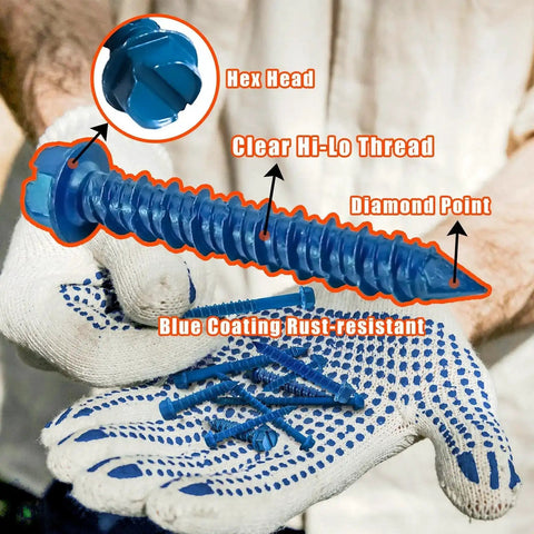 Person holding a large blue hex head concrete screw with gloves, demonstrating the Beefed-Up Concrete Screws Kit With Drill Bits And Driver Bits, 200-Piece Set Of Hex Head Anchors In 7 Sizes For Masonry, Block And Brick, Stucco, Includes 4 Drill Bits And 2 Hex Sockets, Lengths From 1-1/4 To 2-3/4 In.