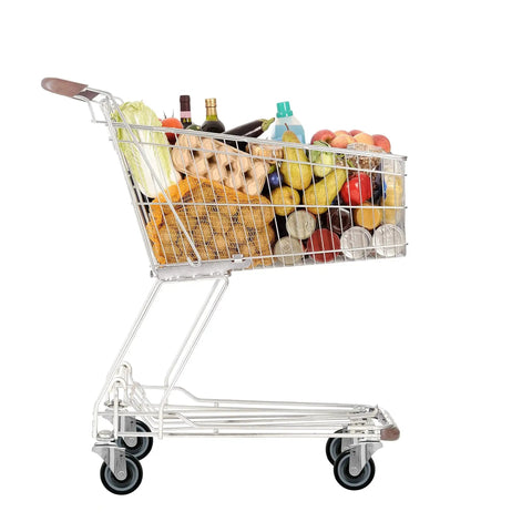 Shopping cart filled with groceries, showing 5 Inch Shopping Cart Replacement Casters Set Of Four Polyurethane Stem Wheels For Heavy Duty Load Up To 1400 Lbs Smooth Swivel And Low Marking Durable Construction Designed For Heavy Duty Carts And Trolleys With Non Marking Surface.