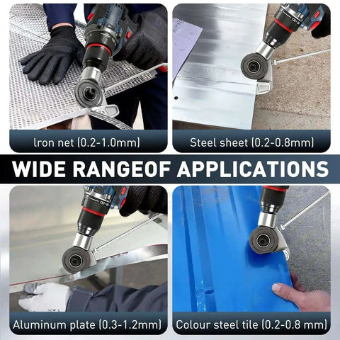 Wide range of applications for Heavy Duty Nibbler Drill Attachment For Electric Drills Be A Pro With This Double Cut Sheet Metal Cutter For Fast Clean Burr Free Edges On Iron Steel Aluminum Copper And Plastic Panels cutting through various metal panels.