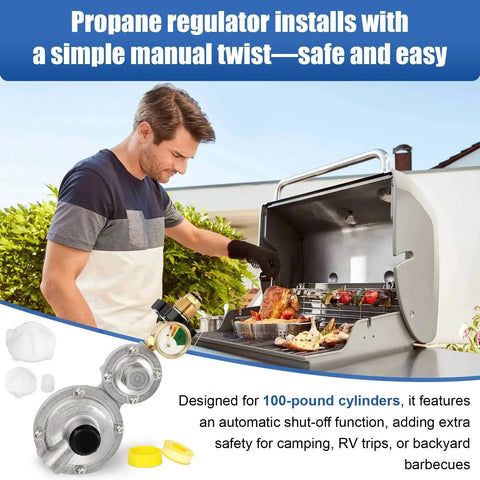 Man grilling with Top Rated Two Stage Propane Regulator With POL Gauge For 20 To 100 Lb Tanks, 3/8 Inch NPT Connection installed