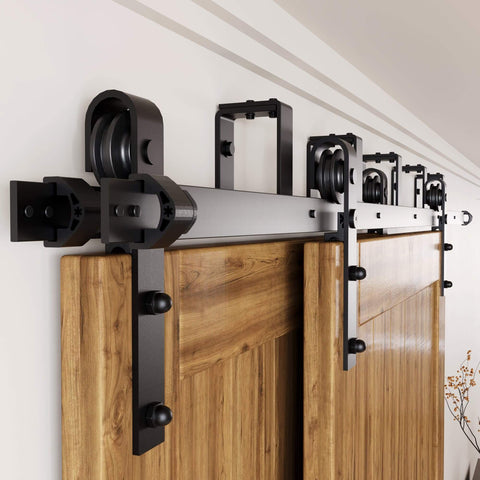 Rustic Black Double Track U Shape Bypass Sliding Barn Door Hardware Kit For Two Doors With 4ft Flat Track And Classic Roller System