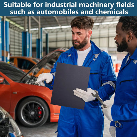 Gasket sheet in dark gray held by two mechanics in blue coveralls in an auto shop