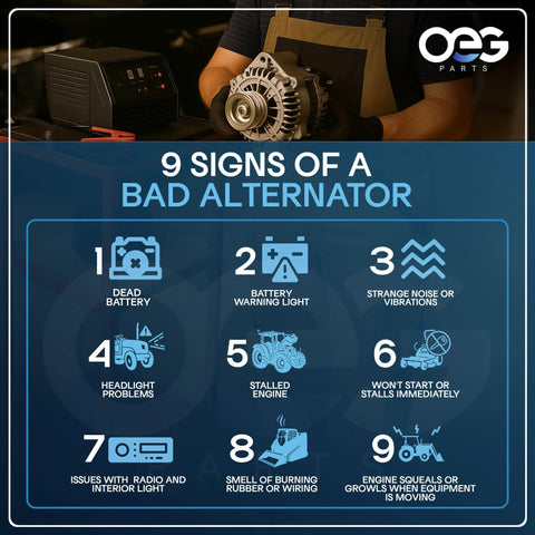 Infographic showing 9 signs of a bad alternator including dead battery, battery warning light, and strange noises.
