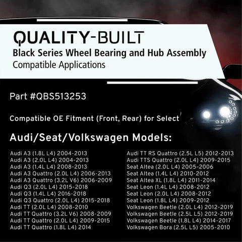 Quality-Built Black Series Wheel Bearing and Hub Assembly details for Audi Seat Volkswagen models, part #QBS513253