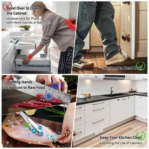 Illustration showing hands-free cabinet foot pull benefits for trash cans and doors under cabinets with full overlay, not recessed designs