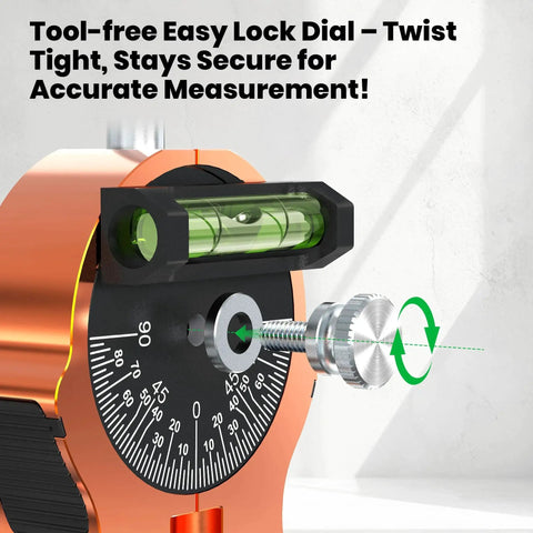 Close-up of dial bubble protractor on Upgraded Pipe Center Finder With Y Shape Base And Fully Embedded Magnets For Hands Free Center Marking Nuvium Pipefitting Tool. Tool-free locking dial highlighted.