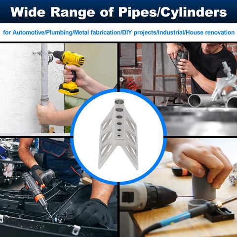 Collage showing uses of a handheld pipe drill jig that centers the bit on pipes and cylinders, prevents wandering for precise holes.