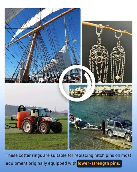 Heavy Duty Stainless Steel Cotter Rings With Dual Coil Design, 115 Pack; images show nautical, agricultural, and automotive uses.