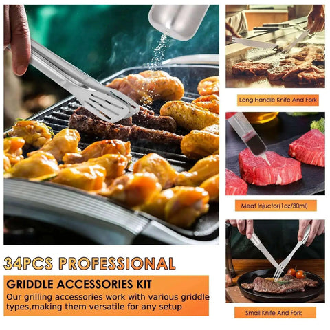 34 Piece Heavy Duty BBQ Grilling Accessories Kit For Outdoor Grilling And Camping With Stainless Steel Utensils in use