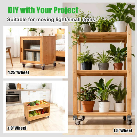 Furniture with caster wheels in home setting, showcasing various wheel sizes for DIY projects, 1 Inch Small Caster Wheels Set of 4 with L Bracket.