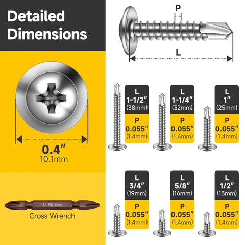 Diagram of 185 Piece Self Tapping Screws Assortment Kit For Metal 410 Stainless Steel Truss Head Self Drilling Screws sizes #8 and #10.