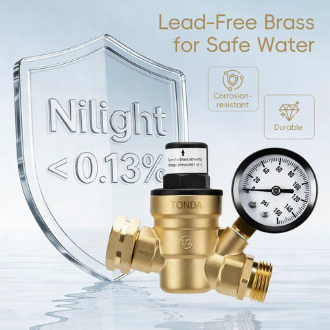 TONDA RV water pressure regulator with brass body, built-in gauge, and inlet screen filter for RV hoses