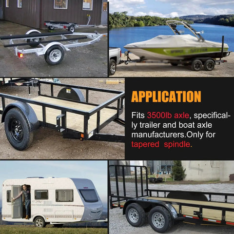 Collage of trailers, showcasing application of Two Sets 3500Lb Trailer Hub Kit 5 Bolt 4.5 Inch 5x4.5 for tapered spindles.