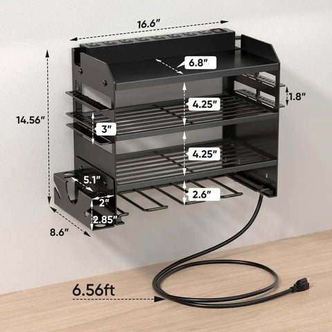 Power Tool Organizer Wall Mount With Charging Station And 8 Outlet Power Strip Pro Grade Heavy Duty Metal Tool Rack With Cordless Drill Holder And Battery Storage For Garage 6.56 Ft Cord