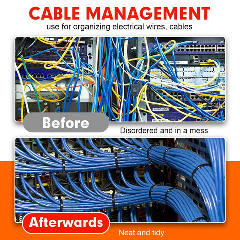 Heavy Duty Black Cable Ties 14 Inch 0.18 Inch Wide 1200 Pack Self Locking Nylon 66 Zip Ties With 50lb Tensile Strength For Indoor Outdoor Use UV Resistant Weatherproof Durable Tie Wraps Built Tough For Any Job organizing cables in before and after setup.