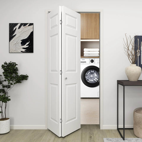 36 Inch By 80 Inch Bifold Barn Door With 6 Panels, White Primed Hollow Core Interior Door Ready To Paint, Includes Hardware Kit For Closets, Pantries, Laundry Rooms And More, Space Saving Folding Design