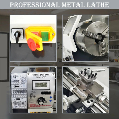 Close-up view of controls and components of Beefy 8x31 Inch Metal Lathe For DIY Turning With Dual Chuck Bench Lathe 1100W Brushless Motor