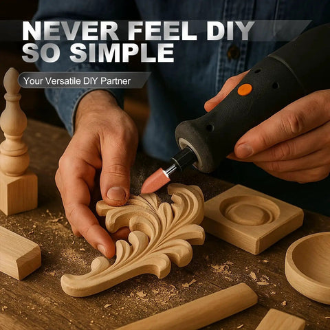 Person using rotary tool with 64Pcs Aluminum Oxide Sanding Bits Set for Rotary Tools One Eighth Inch Shank Dremel Compatible Grinding Stones on wood project.