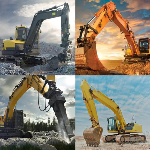 Heavy machinery excavators in various construction settings, highlighting versatility and design.