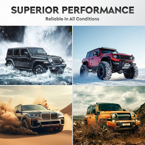 Four different vehicles showcasing performance in various terrains and conditions.