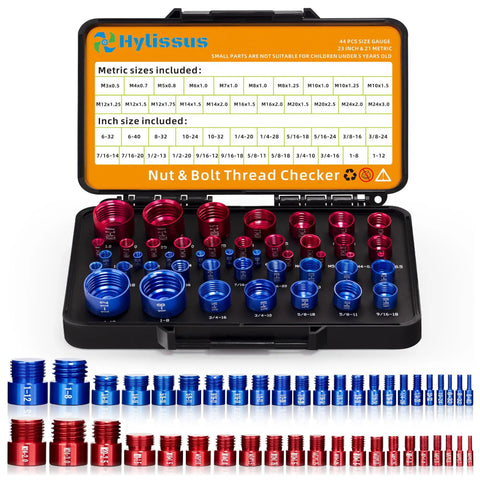 44 Piece Nut And Bolt Thread Checker Set Pro Grade Standard And Metric Thread Gauge Kit with gauges in a foam case for easy access.