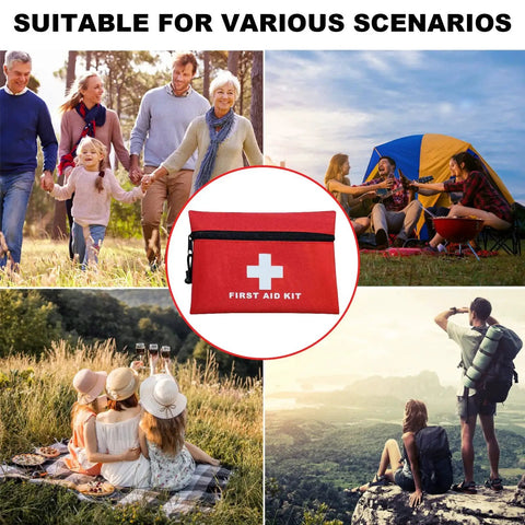 Portable Empty First Aid Kit Pouch With Zippered Opening For Emergency Use At Home Office Car Outdoors Boat Camping And Hiking Waterproof Polyester Bag, shown in various outdoor scenarios.