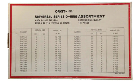 Chart showing sizes and quantities of O Ring Kit Buna N 70A Durometer Black 401 Pieces In 32 Sizes With Plastic Case for sealing.