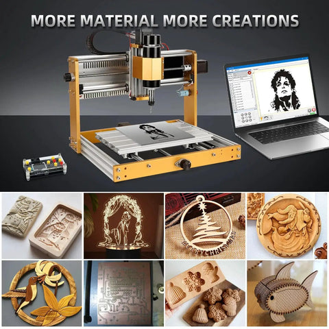 Boss 500W All Metal CNC Router Machine With 3 Axis GRBL Offline Control And Emergency Stop For Cutting Wood Acrylic MDF And Plastic 300 X 180 X 80mm Working Area LUNYEE 3018 Pro Max displayed next to a laptop, showcasing engravings and cuttings.